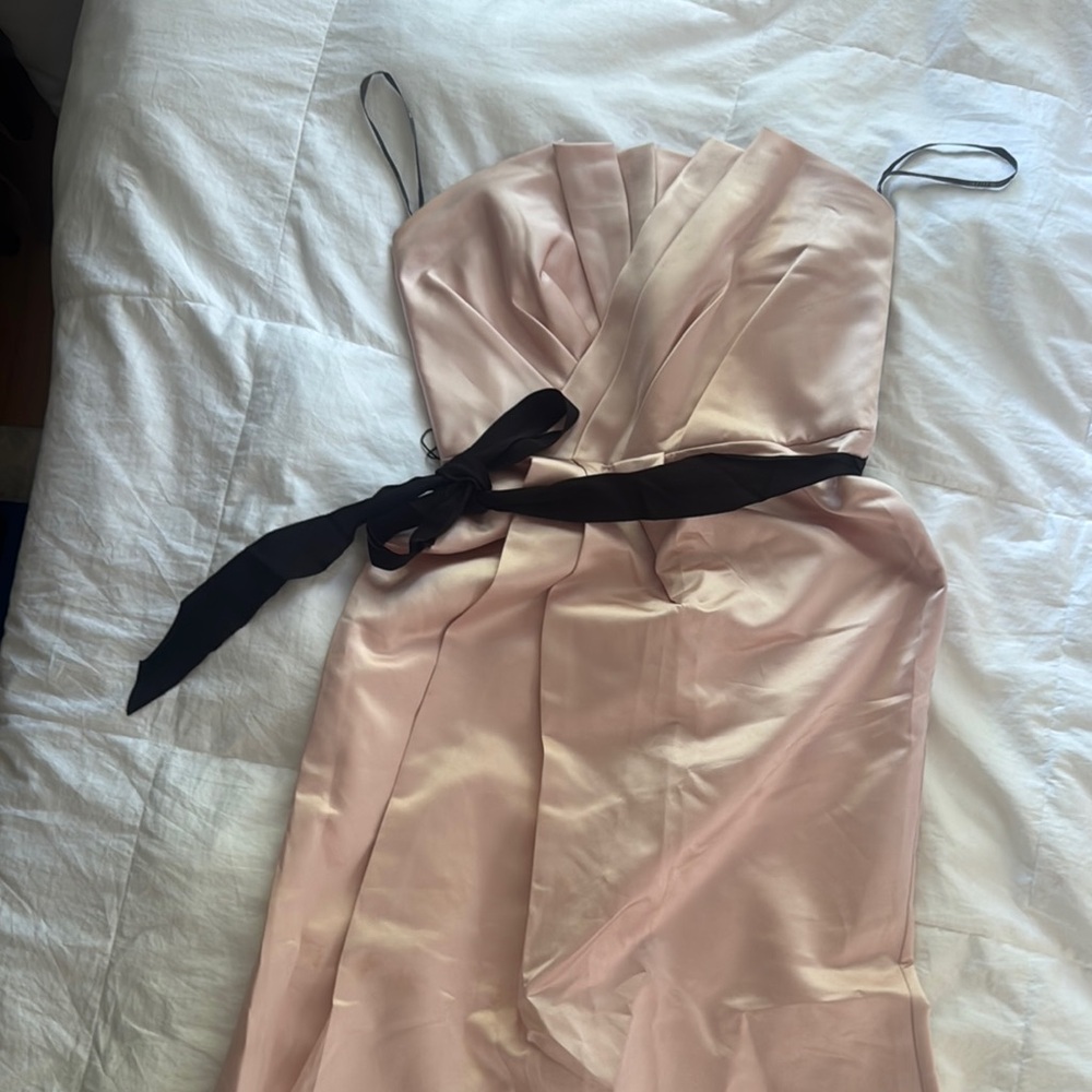 Elegant Pink Satin Dress with Black Tie